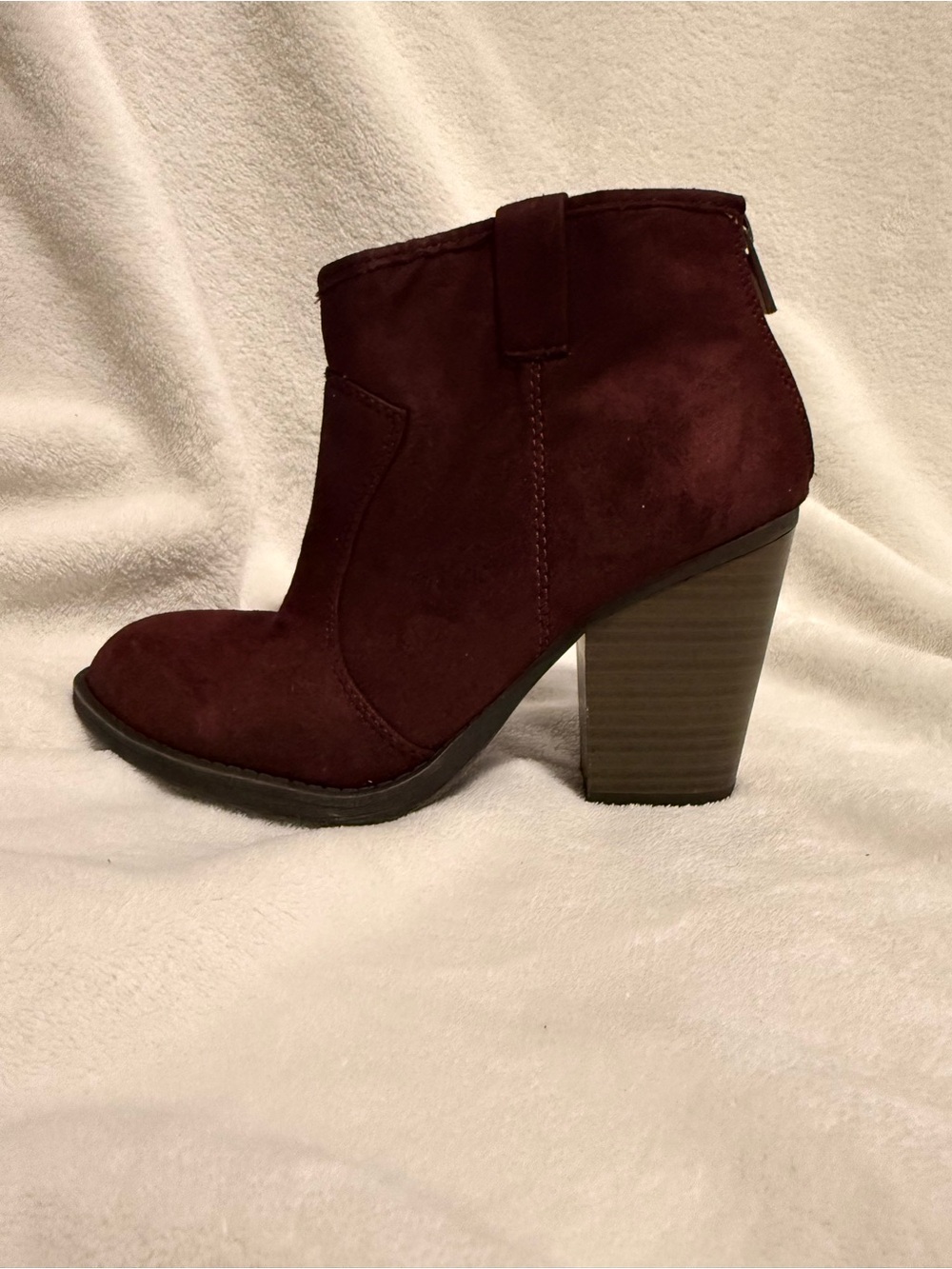 Chunky Burgundy Suede Mid Heel Ankle Bootie